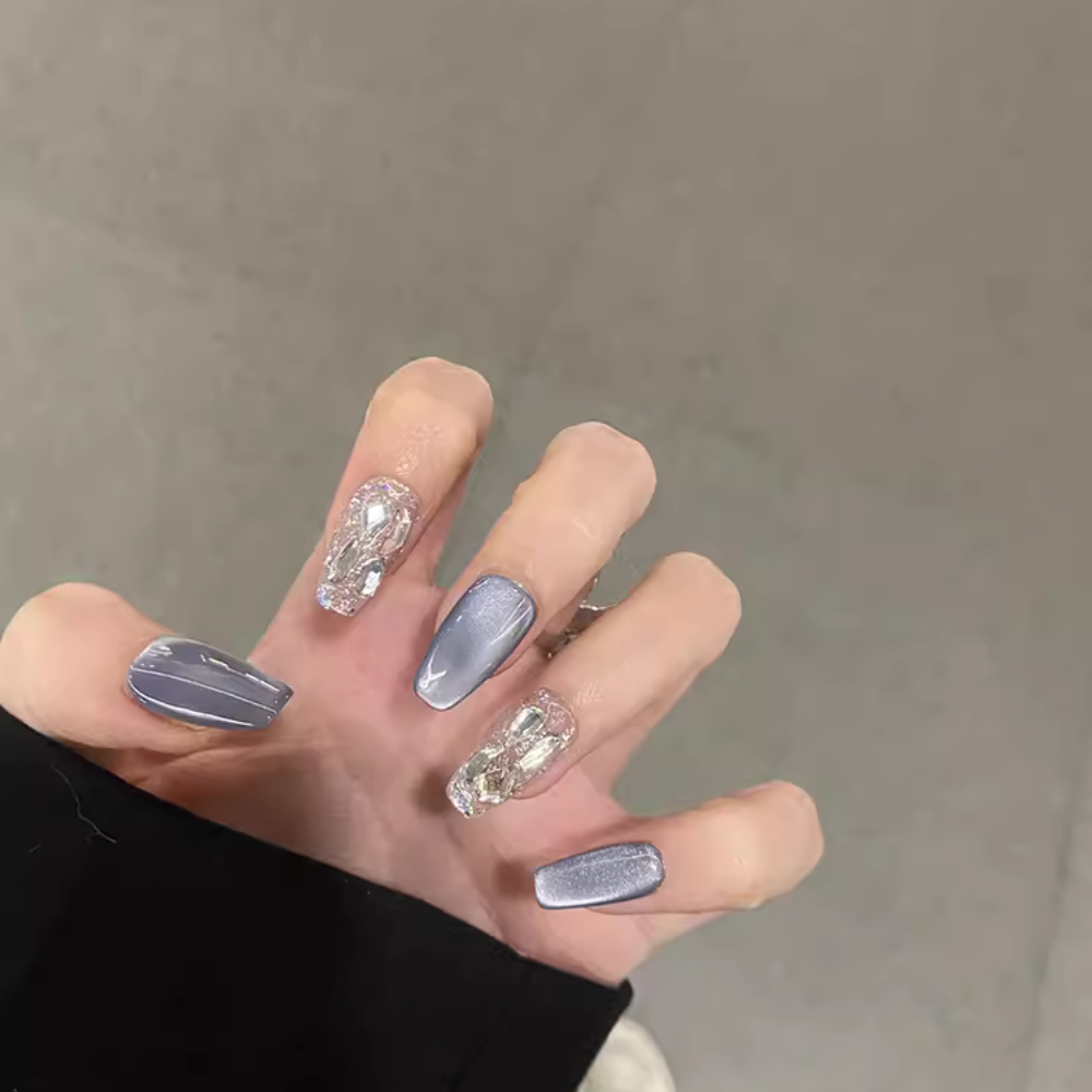Blue & Silver False Nails with Sparkling Diamonds - Set of 10